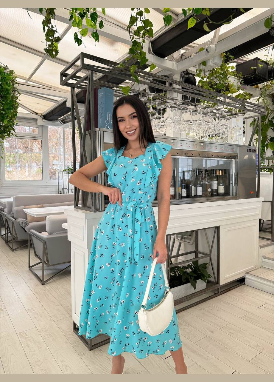 Бирюзовое платье, ткань премиум качества Украина с цветочным принтом