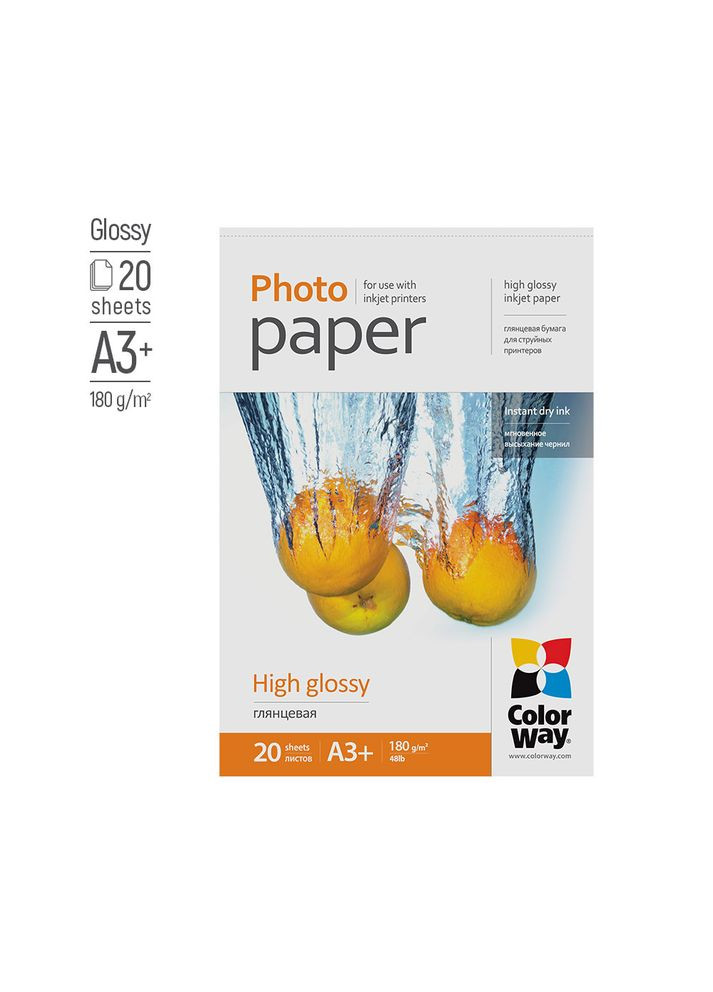 Фотопапір глянцевий 180 г/м², A3+, 20 арк. (PG180020A3+) Colorway (339680180)