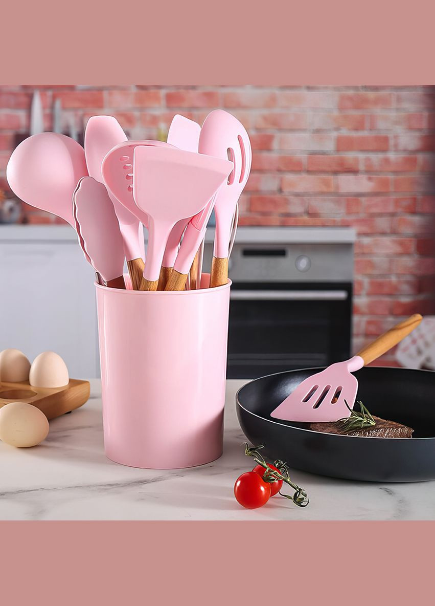 Набор кухонных принадлежностей из силикона и дерева с подставкой Kitchen Set 12 предметов Розовый (HA-50) No Brand (334011307)