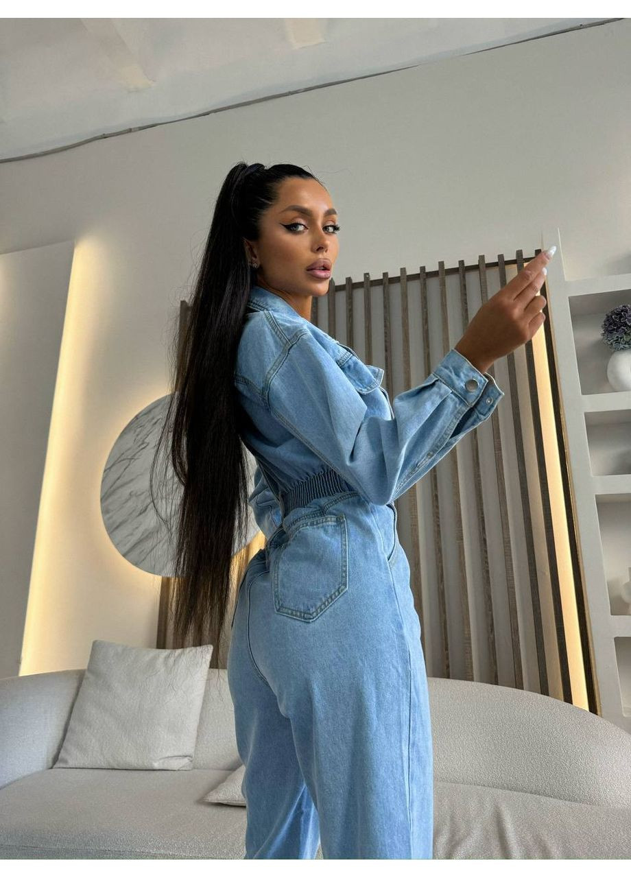 Женский джинсовый комбинезон Україна комбинезон-брюки однотонный светло-голубой повседневный джинс