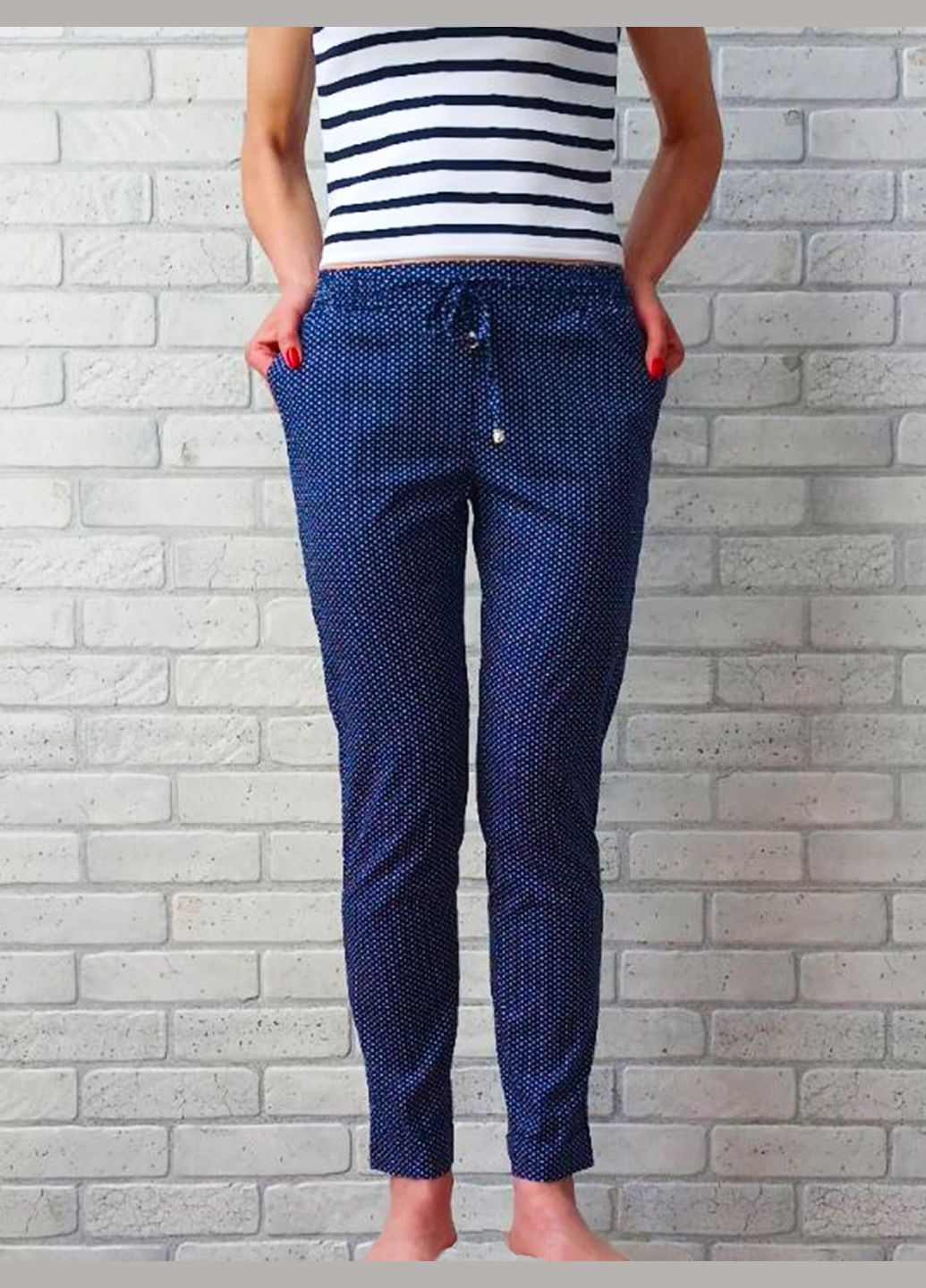 Штаны женские летние с карманами пояс на резинке со шнурком синие в горох (длина 7/8), коттон No Brand (322250314)