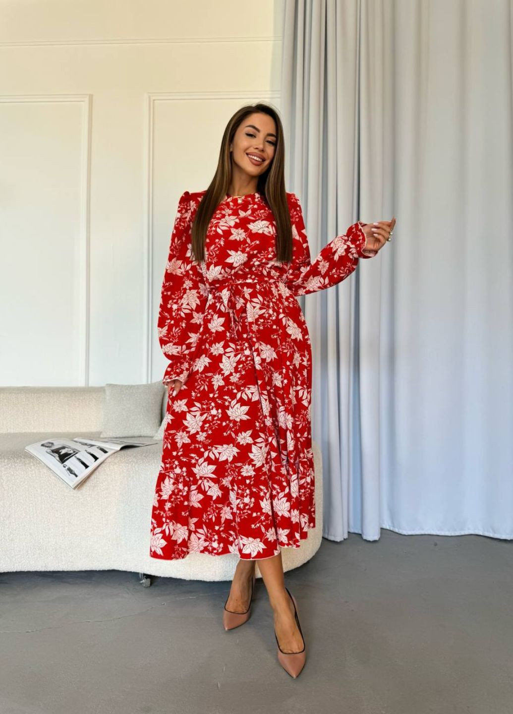 Червона повсякденний, святковий, вечірня трендова міді сукня з довгим рукавом та воланом кльош Allthings з квітковим принтом