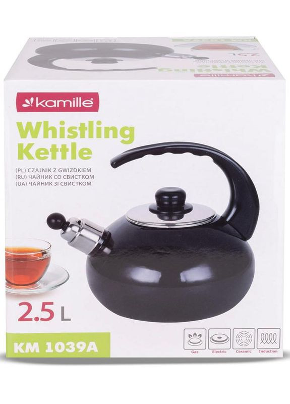 Чайник емальований "Boiling Water" 2.5л зі свистком, чорний глянець Kamille (372175317)