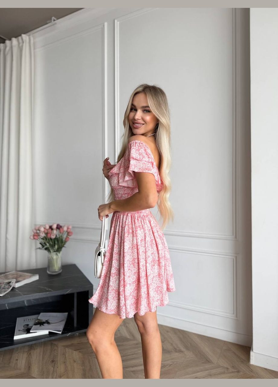 Розовое повседневный женское мини платье на резинке клеш Style Point с цветочным принтом
