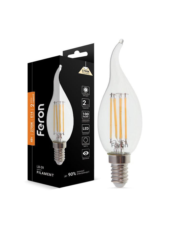 Світлодіодна лампа Filament LB-59 4Вт E14 2700K свічка на вітрі (25575) Feron (370249532)