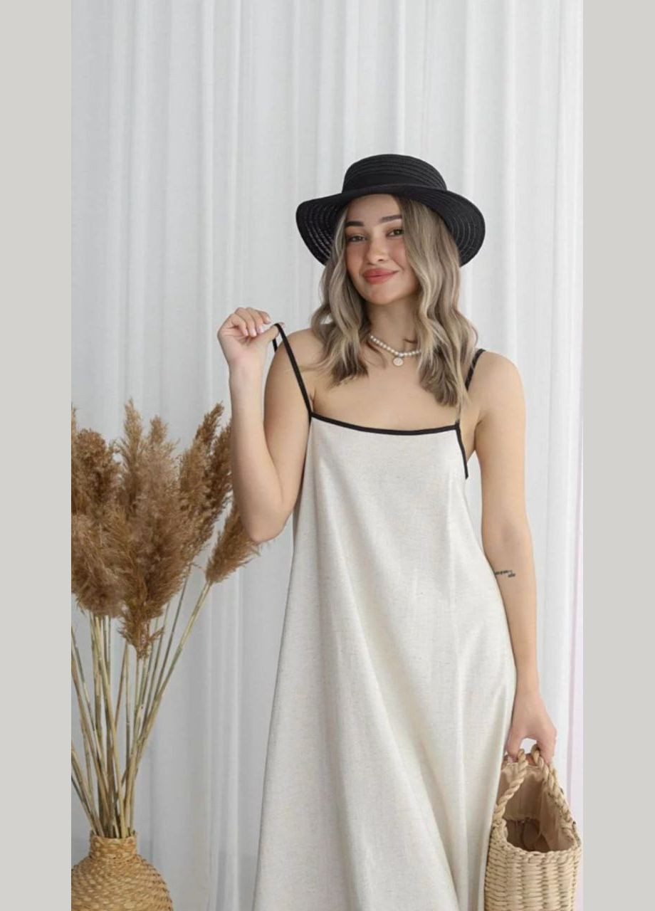 Бежевое повседневный, праздничный, вечернее льняное платье-сарафан макси Amos однотонное