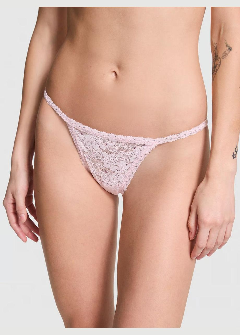 Трусики-стринги женские кружевные PINK Wink V-String Panty пудровые Victoria's Secret (330752204)