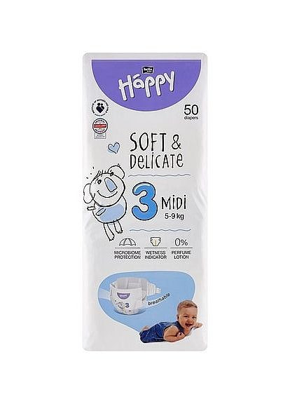 Детские подгузники 5-9 кг, размер 3 Midi, 50 шт. Happy Soft & Delicate 50шт (1274107-31098486) Bella Baby (365821714)