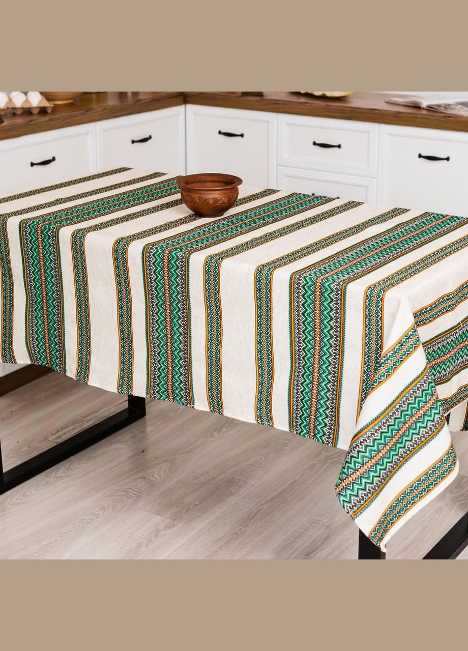 Натуральная льняная скатерть 150х300 Белая с зеленым (П4К-skatert-dom-007-04) No Brand (323161097)
