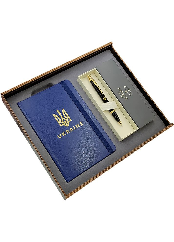 Подарунковий набір: Коробка + Кулькова ручка IM 17 Black GT BP Тризуб 22 032_TR + Блокнот Axent Partner Ukraine Cиній Parker (316626402)
