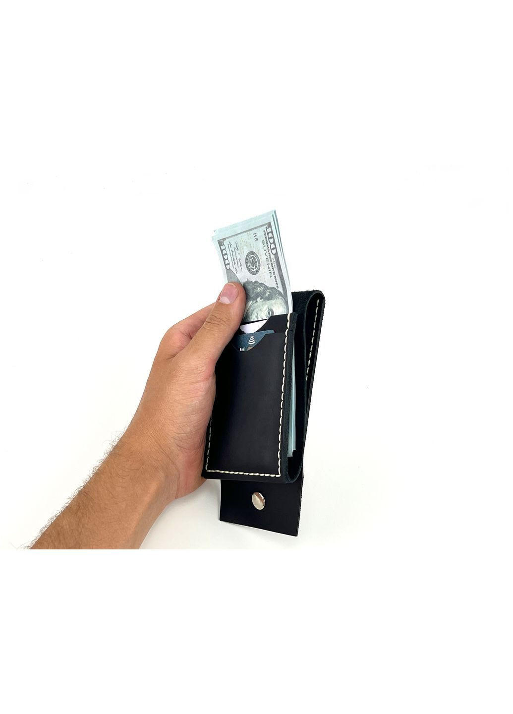 Шкіряний чоловічий гаманець/ Чорний гаманець з натуральної шкіри/ Компактний шкіряний кардхолдер Handmade (367280913)