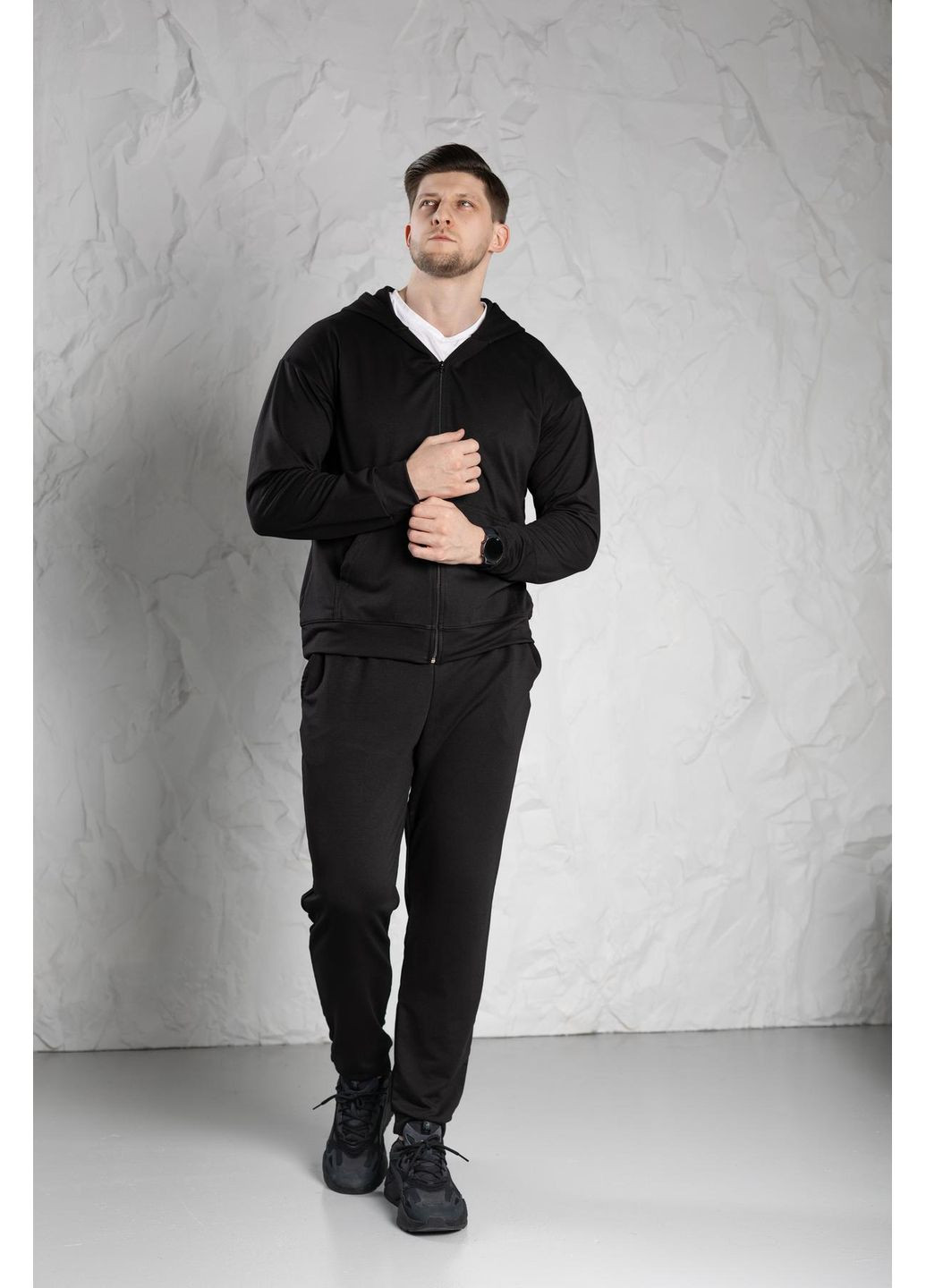 Чоловічий спортивний костюм Великого розміру із двонитки на блискавці весна-осінь, чорний No Brand (352769915)
