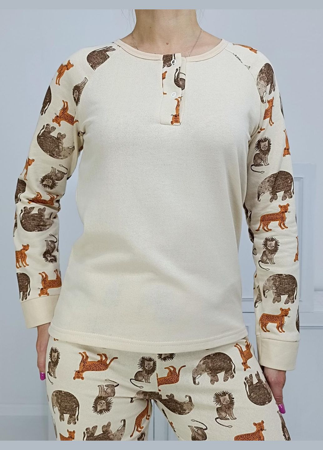 Молочная зимняя пижама женская принт - animals (флис с начесом) 44-46 молочная (95244383-1) Triko