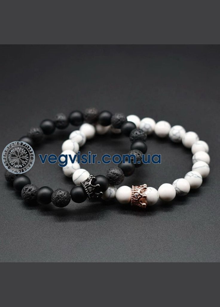 Парні браслети для двох закоханих з шунгіту вулканічного каменю чорний і білий з короною КОРОНА No Brand (343051595)