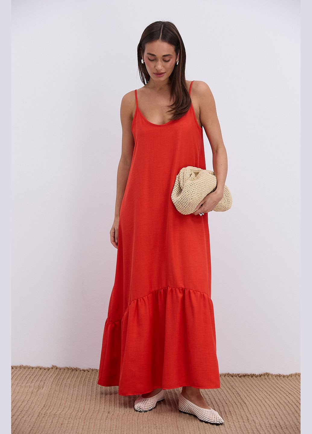 Червона довге літнє плаття червоне з фігурним воланом внизу Arjen