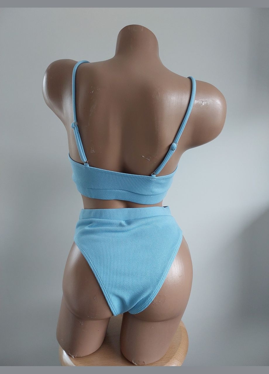 Голубой демисезонный женский купальный раздельный в рубчик с завышенной талией (арт.60125) No Brand