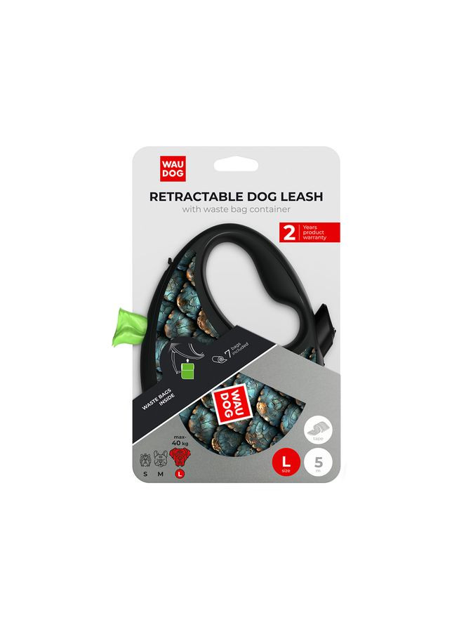 Поводок рулетка для собак R-leash с контейнером для пакетов, принт "Чешуя", светоотражающая лента, L, до 40 кг, 5 м WAUDOG (364750520)