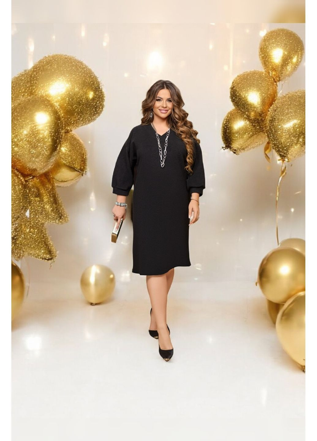 Черное праздничный, коктейльное, деловое, повседневный, вечернее женское черное вязаное платье батал из ангоры свободного кроя до колена Viki