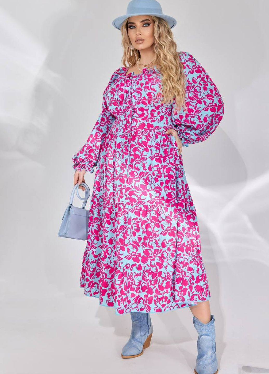 Малиновое повседневный платье макси с вырезом каре на завязках No Brand с цветочным принтом