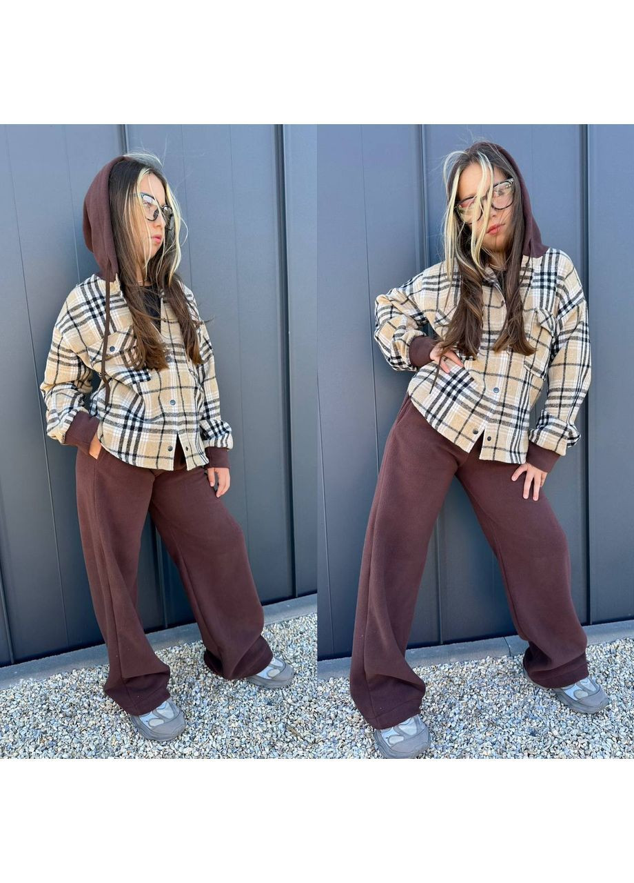 Коричневый костюм детский для девочки теплый брюки карго /палаццо и рубашка в клетку с капюшоном No Brand