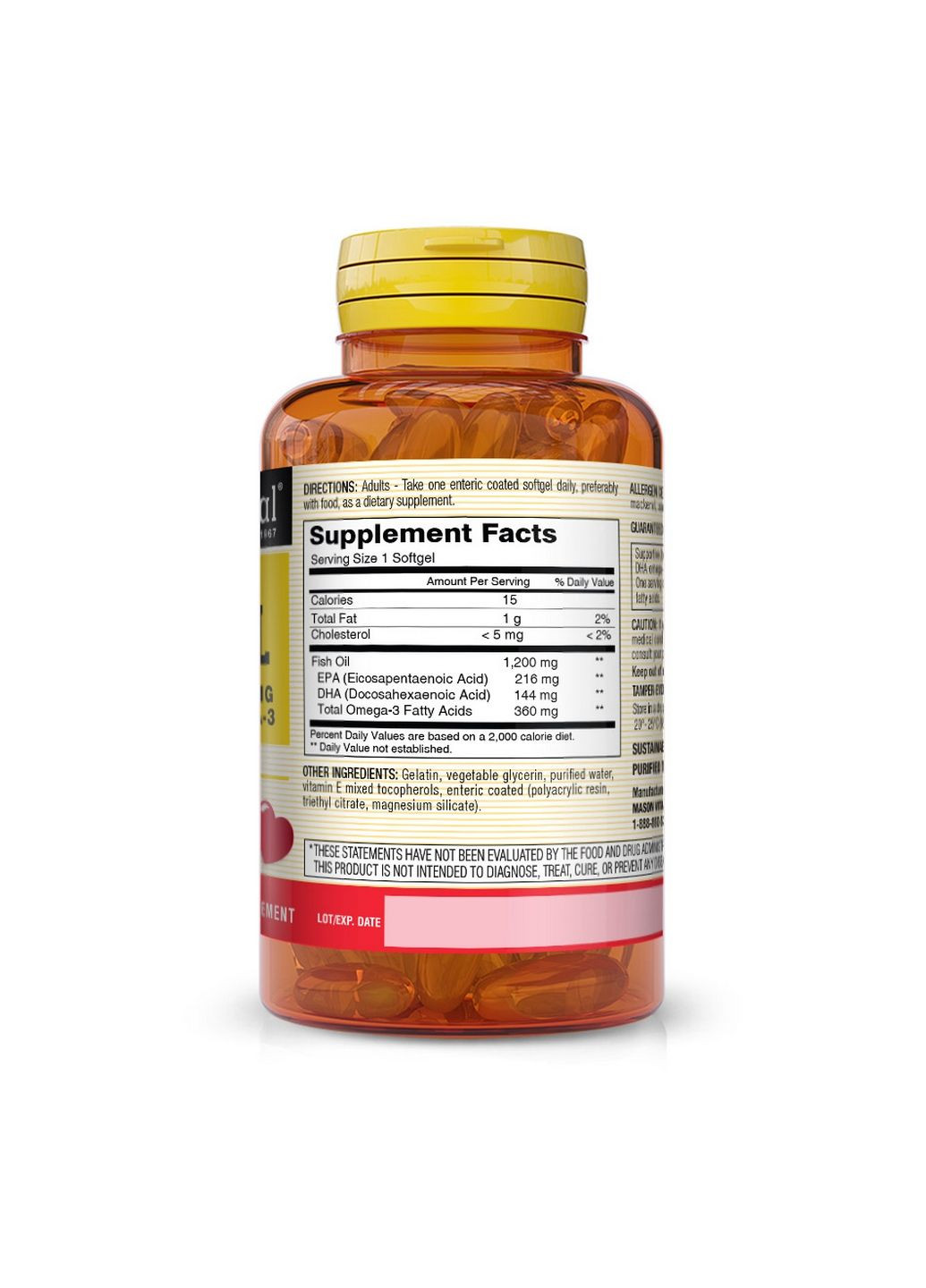 Жирные кислоты Fish Oil 1200 mg Omega-3 360 mg, 100 капсул Mason Natural (293338291)