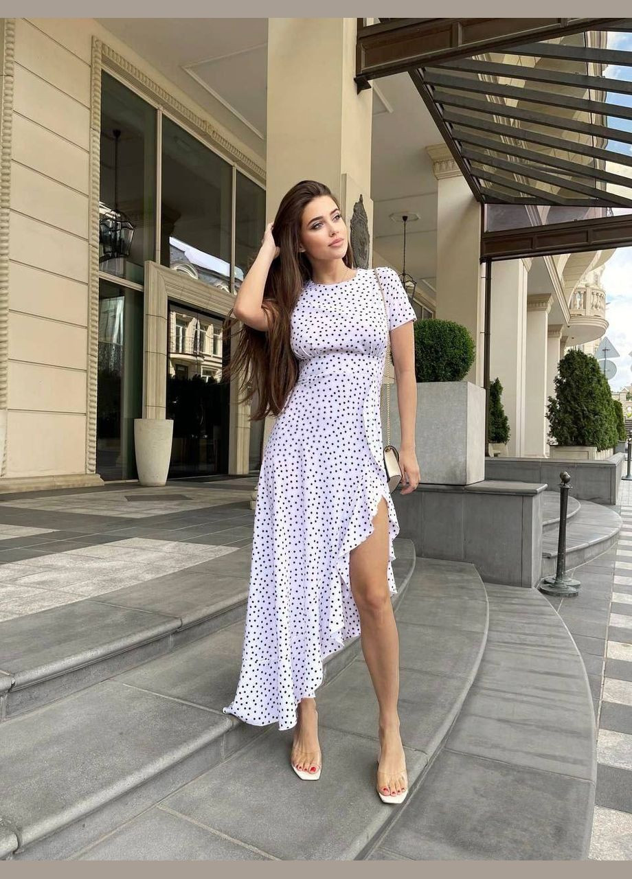 Білий святковий, повсякденний, кежуал, вечірня легка витончена сукня з розрізом по ніжці Vakko в горошок