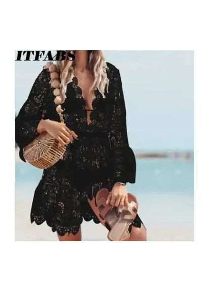Модная пляжная прозрачная накидка длиной 90 см. Пляжная накидка из декольте из кружева China (360866032)