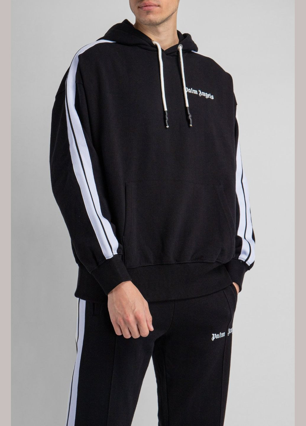 Черный хлопковый худи с лампасами Palm Angels (339604197)