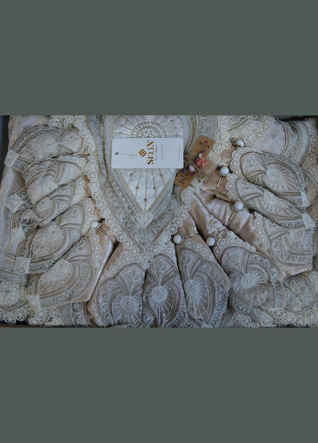 Велюрова скатертина з ранером Hurrem Set 160×300+12 серветок Бежева Selin (338425284)