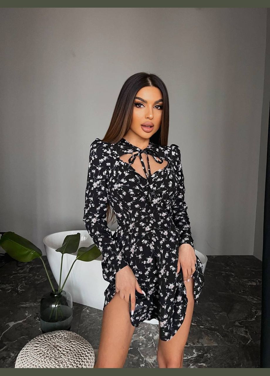 Черно-белое повседневный, коктейльное платье No Brand с цветочным принтом