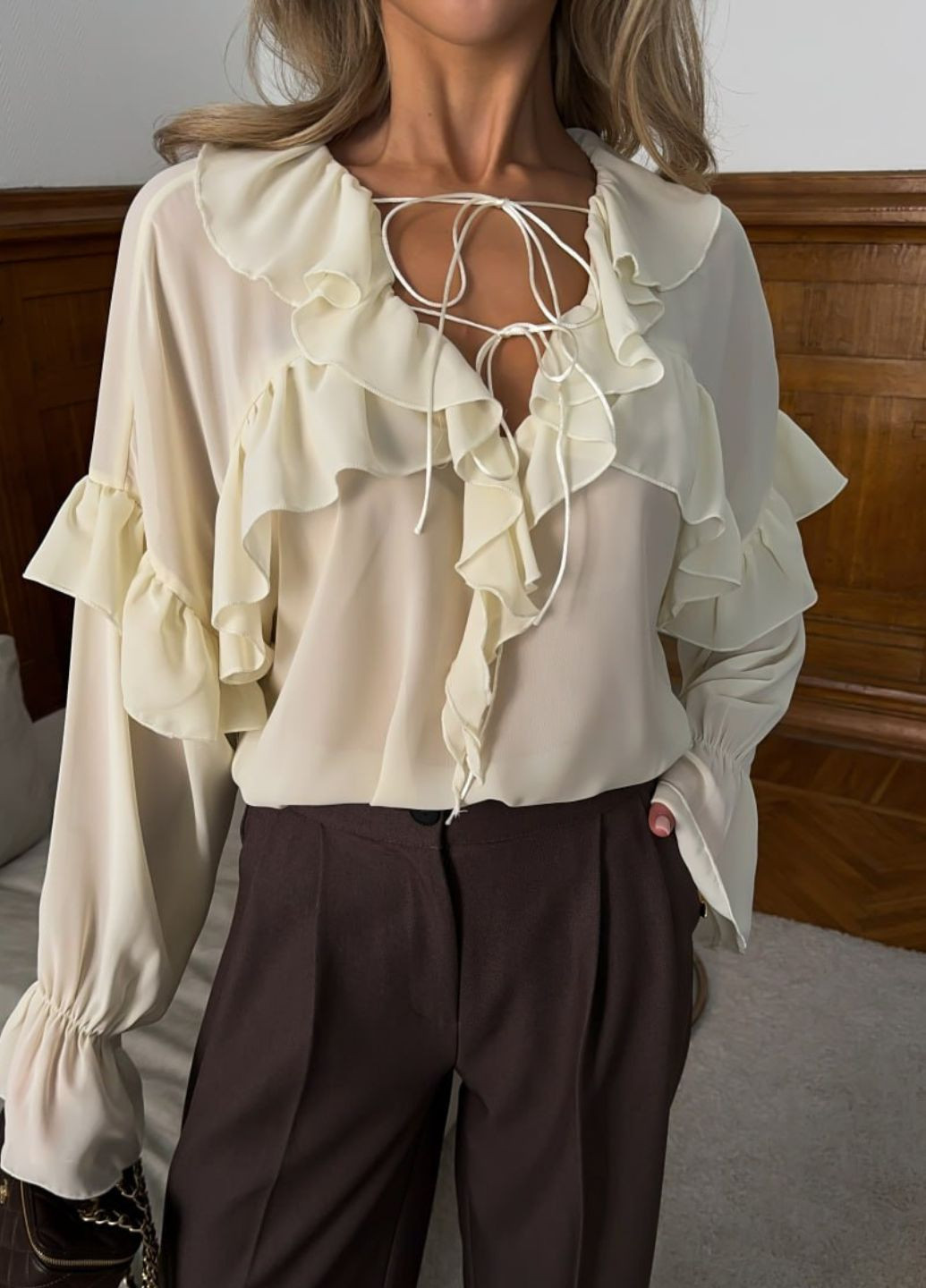 Жёлтая блуза с объемными рукавами и воланами. Tik-Tak