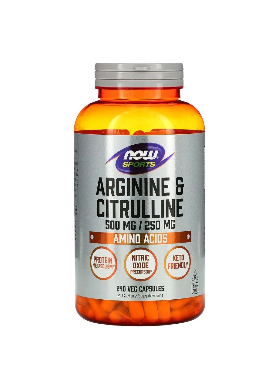 Аргинин и цитруллин, Arginine & Citrulline, Sports, 500 мг/250 мг, 240 вегетарианских капсул Now Foods (362369228)