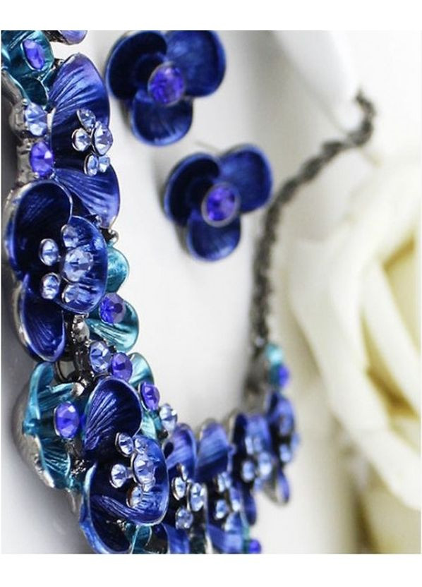 Синій набір біжутерії - кольє та сережки в стразах Квіти, 4852 Fashion Jewelry (360608170)