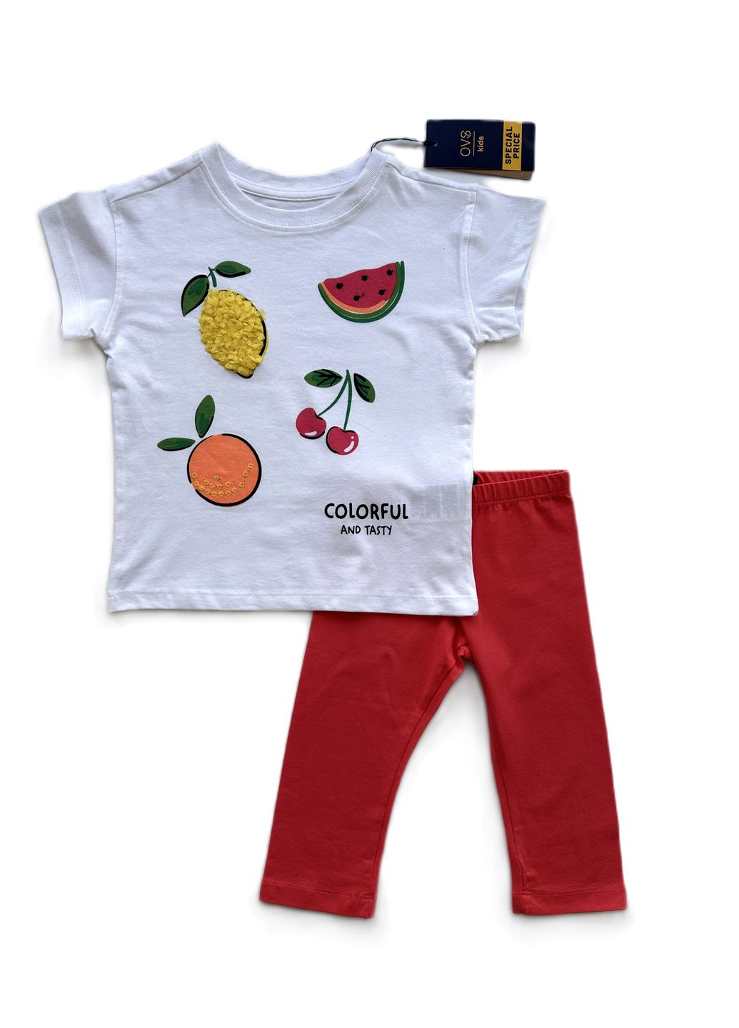 Кораловий літній комплект костюм для дівчинки футболка біла з фруктами + велосипедки коралові трикотажні 2000-2 (104 см) OVS