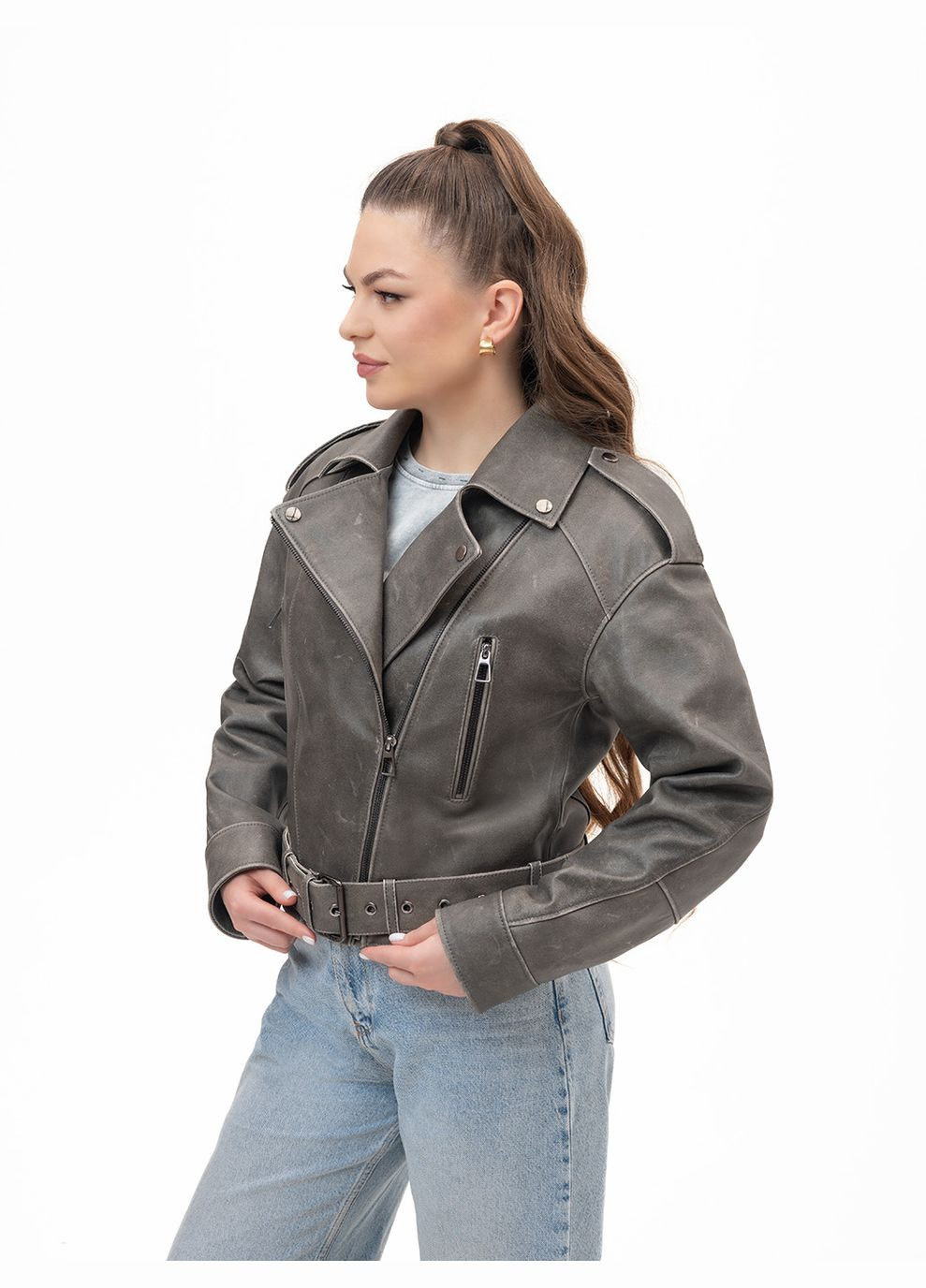 Оливкова демісезонна жіноча шкіряна куртка весна Fabio Monti