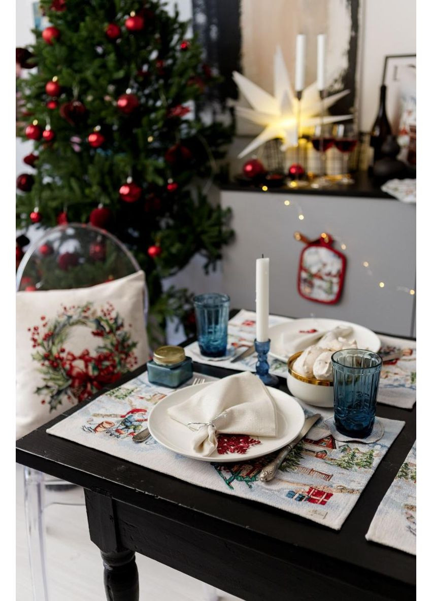 Гобеленовая салфетка с велюром Снежная зима 30х50 см новогодняя салфетка для стола стильный декор ProDobro (369377978)