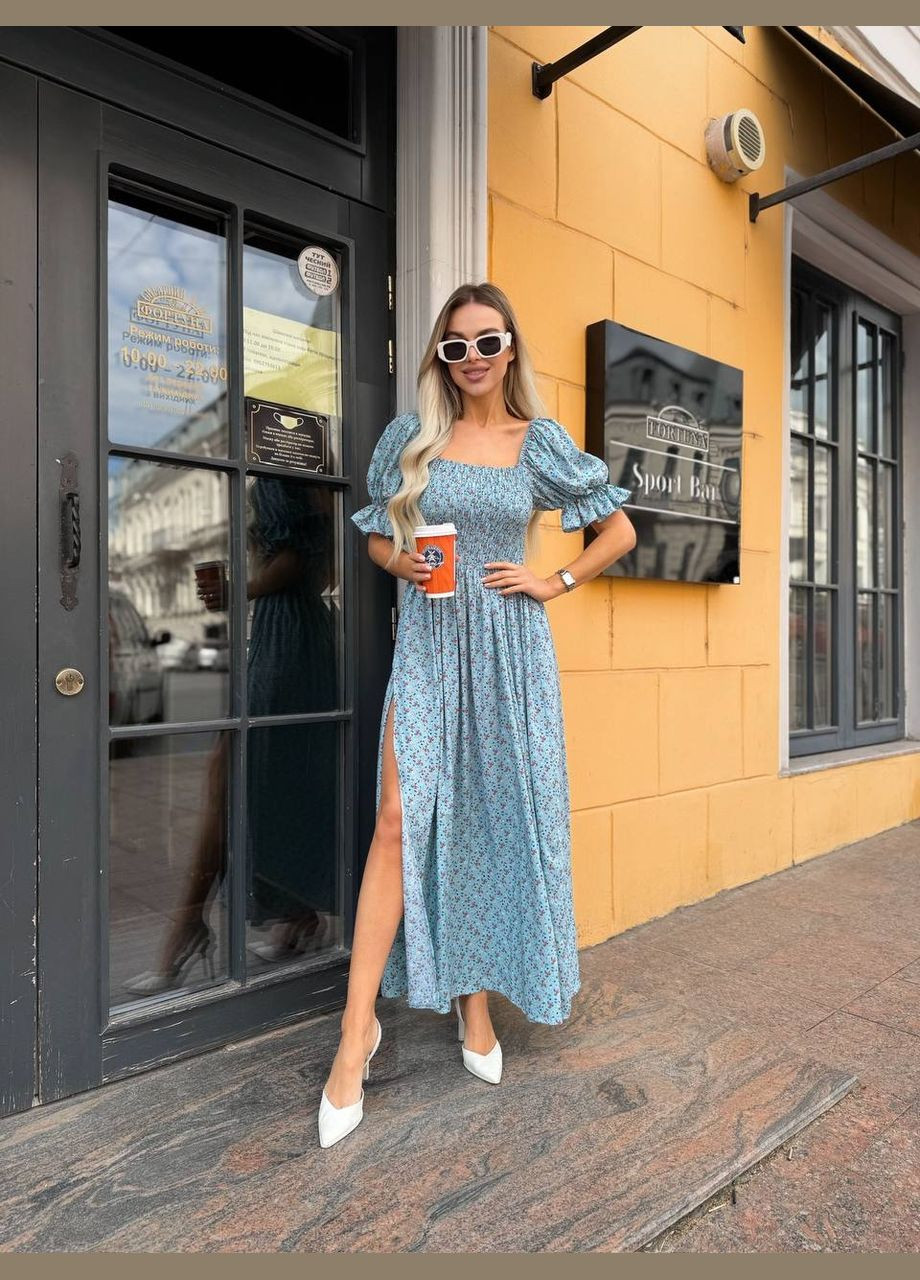 Голубое пляжное, праздничный, повседневный, кэжуал нежное легкое платье с разрезом Vakko с цветочным принтом