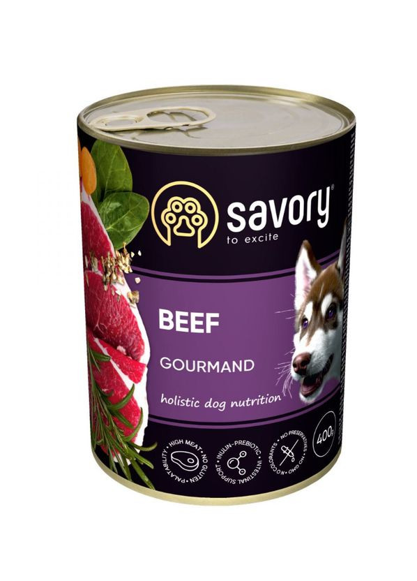 Вологий корм для дорослих собак усіх порід, з яловичиною, 400 г Savory (292257167)