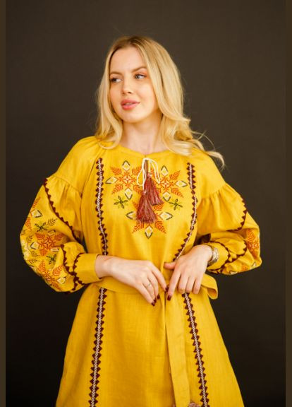 Гірчичний зимній жіноча вишита сукня папороть гірчична Galychanka 7103