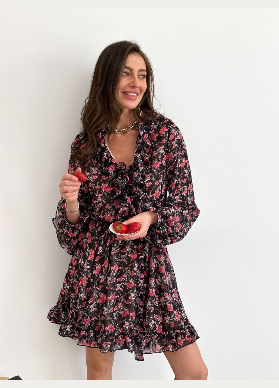 Черное красивое черное платье из принтованного турецкого шифона, короткое платье с длинным рукавом и поясом в размере 42-46 No Brand