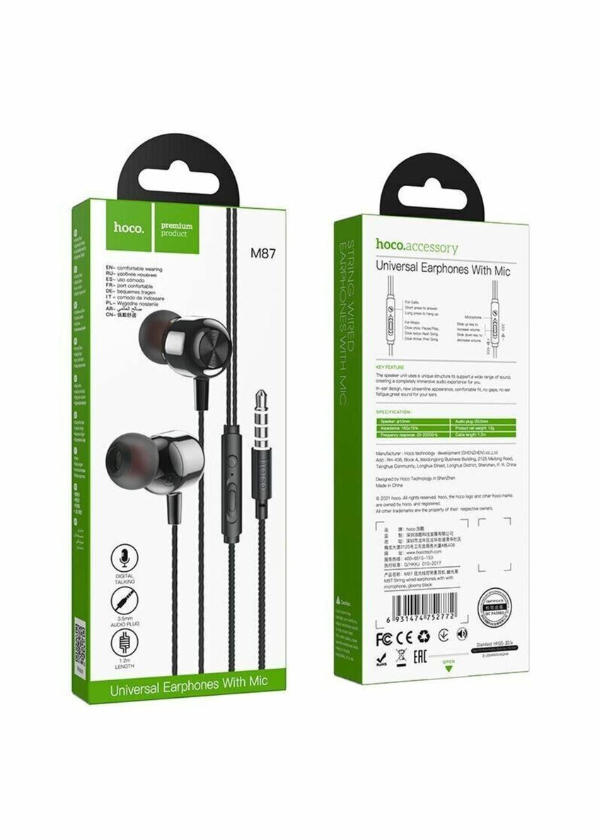 Наушники M87 String wired earphones with with microphone Gloomy Black Hoco (300682380)