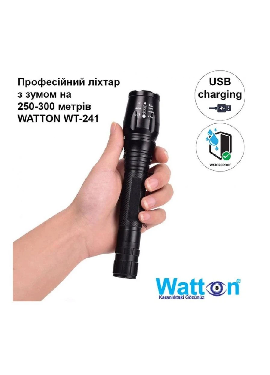 Фонарь ручной WT241 1LED Cree T6, 5 режимов, ZOOM, 2800mah, IP44, СЗУ+АЗУ, 222х34х25 Watton (382951721)