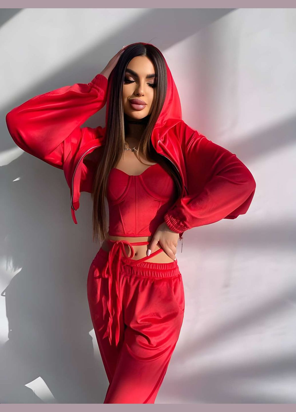 Мягкий велюровый костюм тройка с корсетом, женский спортивный костюм с капюшоном на... No Brand (331283866)