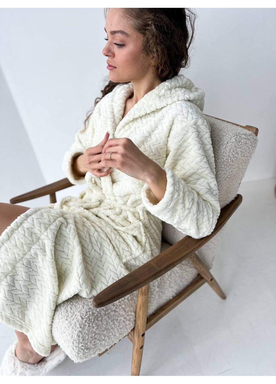 Халат женский махровый длинный с капюшоном и поясом. Халат махровый теплый женский молочного цвета с карманами No Brand (366571652)