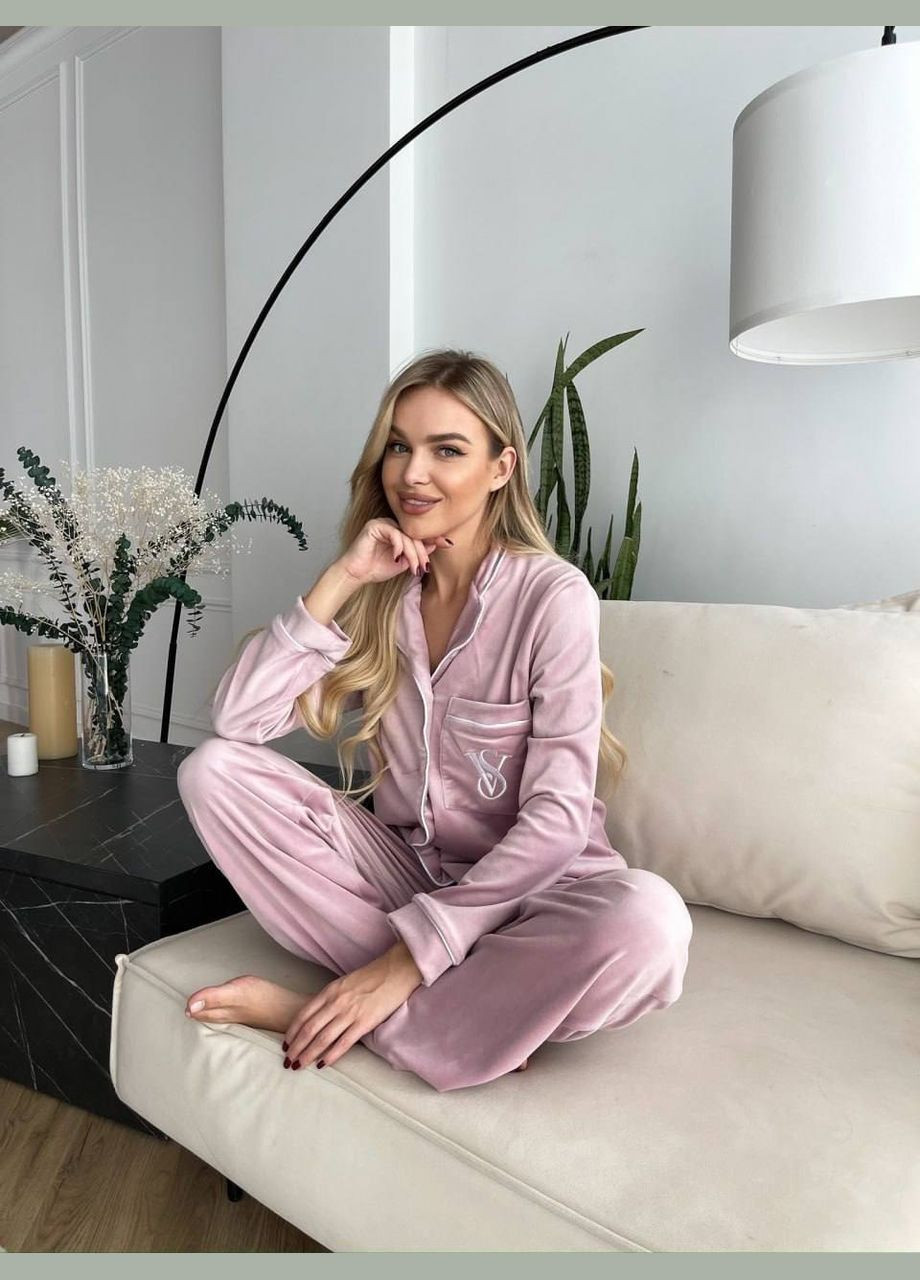 Пудровая всесезон пижама рубашка + брюки No Brand