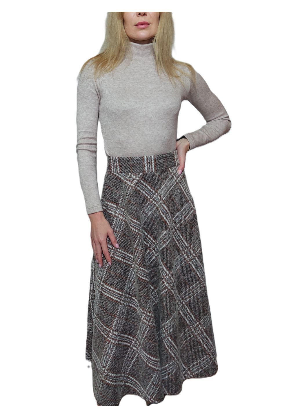 Коричневая повседневная, офисная, кэжуал в клетку теплая клетчатая юбка миди в коричнево-кремовую клеточку Capricious а-силуэта (трапеция)