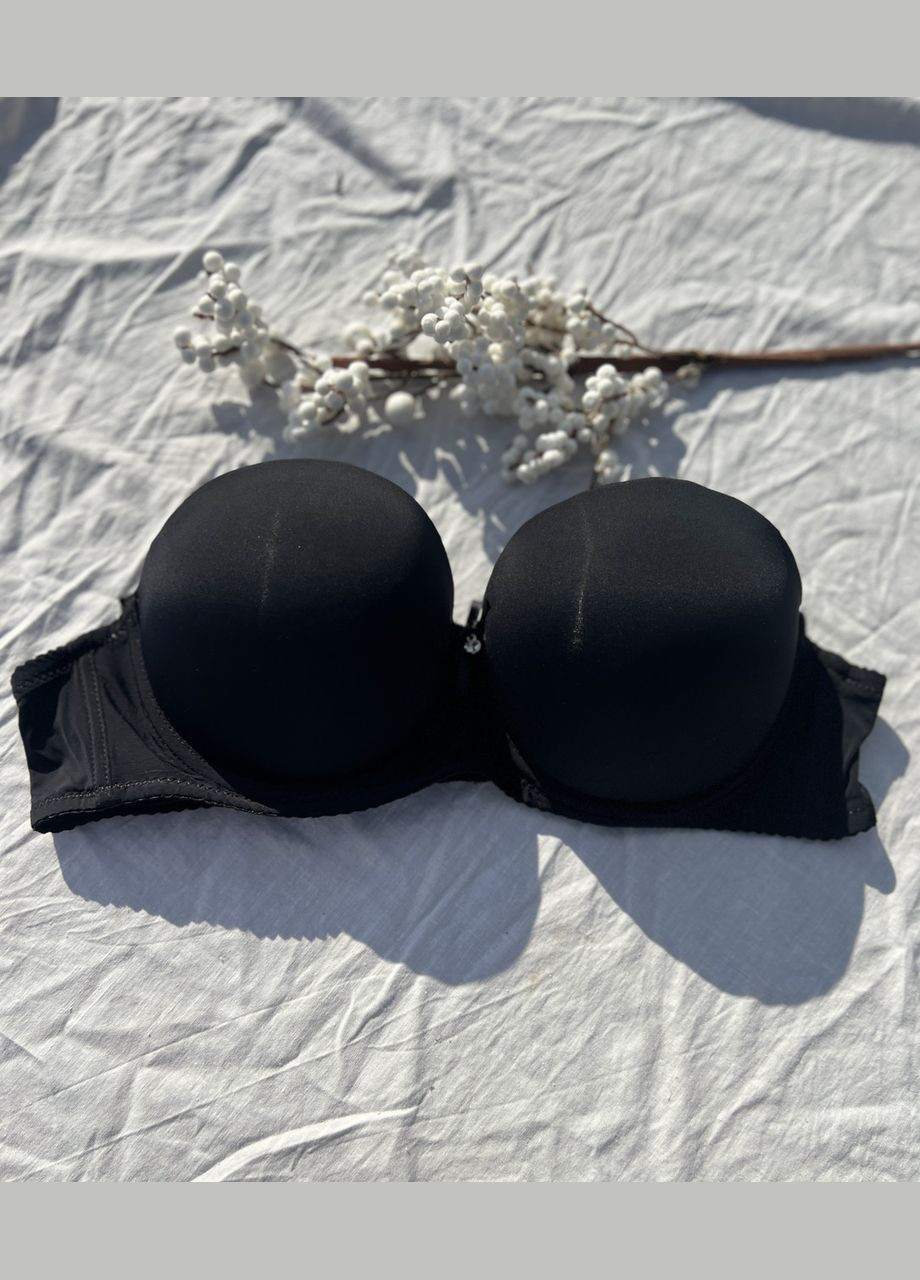 Чёрный гладкий бюстгальтер-бандо дафна с тройным пуш ап черный, 70ав 75ав 80ав с антисползающими полосами Rumu с косточками