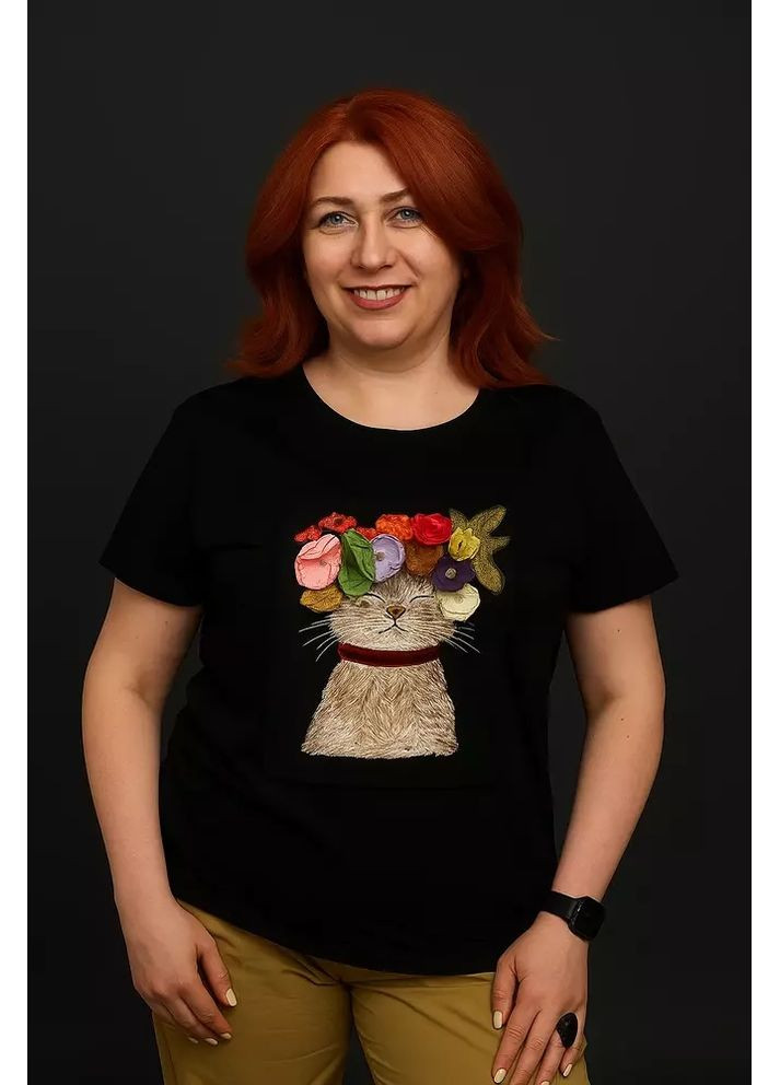 Футболка женская оверсайз с аппликацией Цветочный кот MKNK455555-2/1 Nora Kvittin - (353493029)