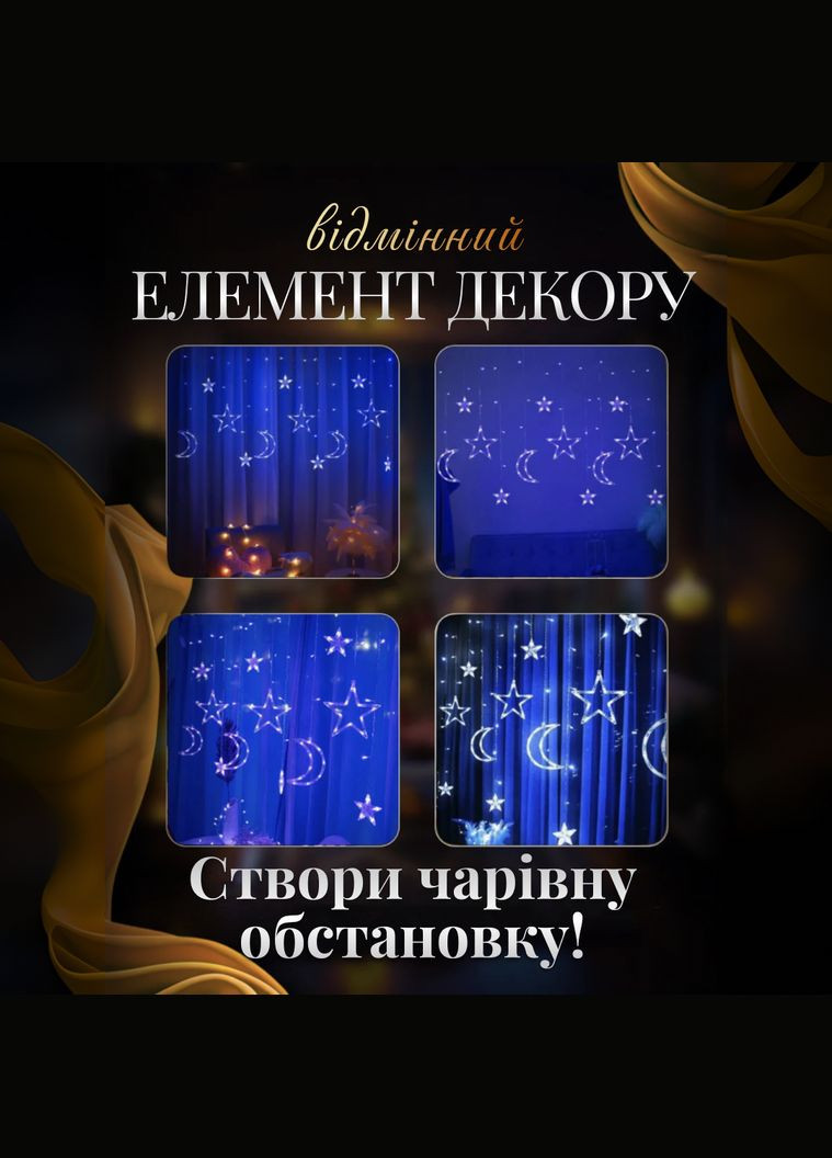 Гірлянда-штора Місяць і зірки розмір 3*0,9 м 12 фігур, синій GarlandoPro (328441076)