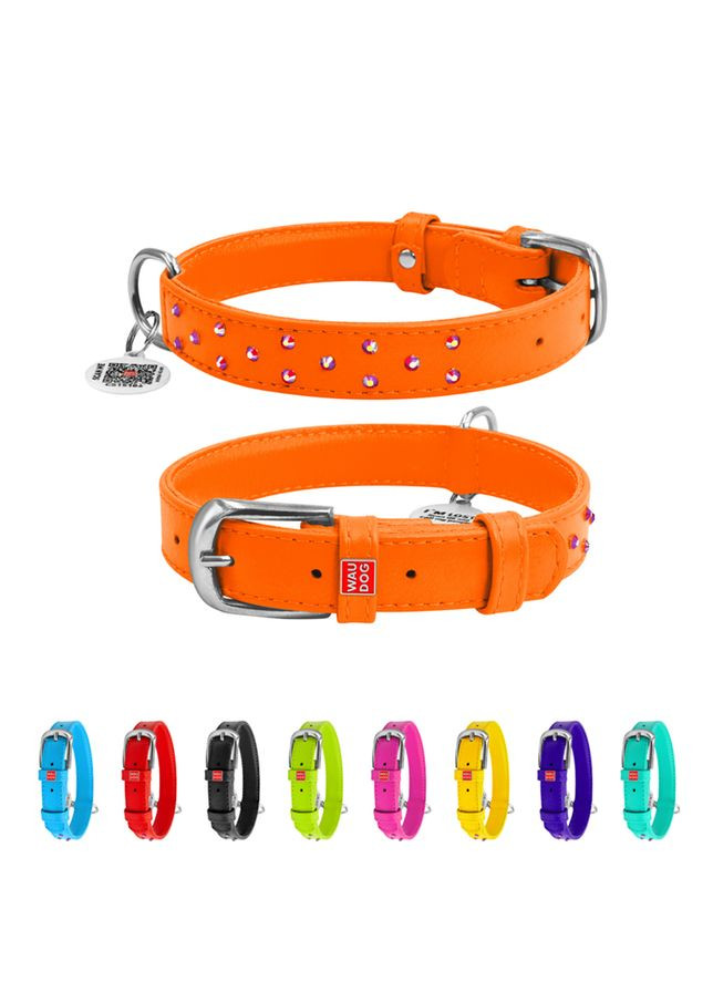 Ошейник для собак кожаный Glamour с QR паспортом, с клеевыми стразами, Ш 25 мм, Длин 38-49 см оранжевый WAUDOG (322001392)